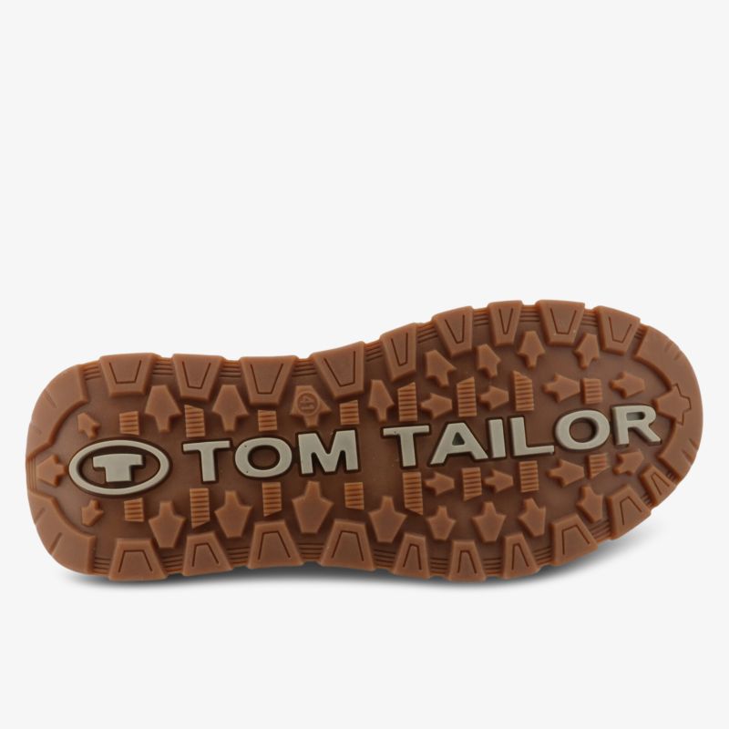 Robuste rutschfeste Sohlenansicht mit markantem TOM TAILOR Logo für sicheren Halt und langlebigen Gebrauch.