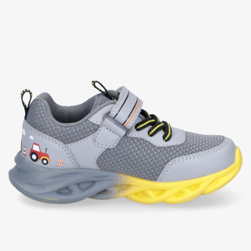 Leichter grauer Kindersneaker mit gelber Sohle, atmungsaktiv und mit verstellbarem Klettverschluss für sicheren Halt