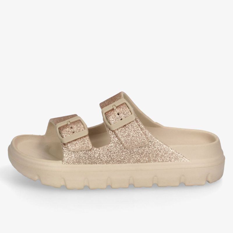 Beige Sandale mit zwei verstellbaren Riemen und gepolsterter, rutschfester Sohle für hohen Tragekomfort