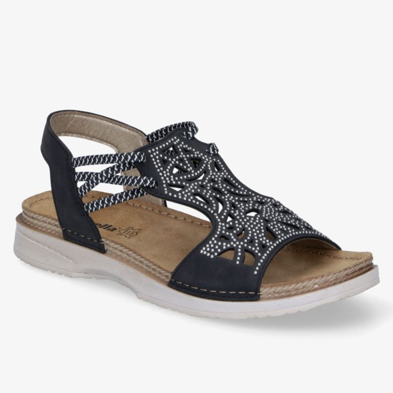 Elegante schwarze Sandale mit Strasssteinen und komfortablem Fußbett für sommerlichen Stil und Bequemlichkeit.