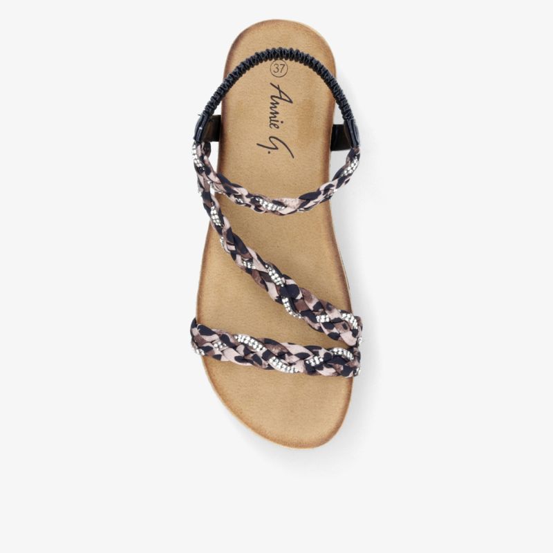 Leichte Sandale mit geflochtenen Riemen in Beige und Schwarz, verstellbarer Knöchelriemen für sicheren Halt
