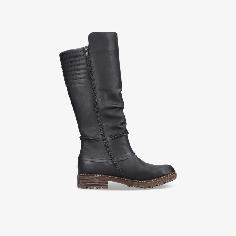 Hochwertiger schwarzer Stiefel mit hohem Schaft und strapazierfähiger Profilsohle in klarer Seitenansicht