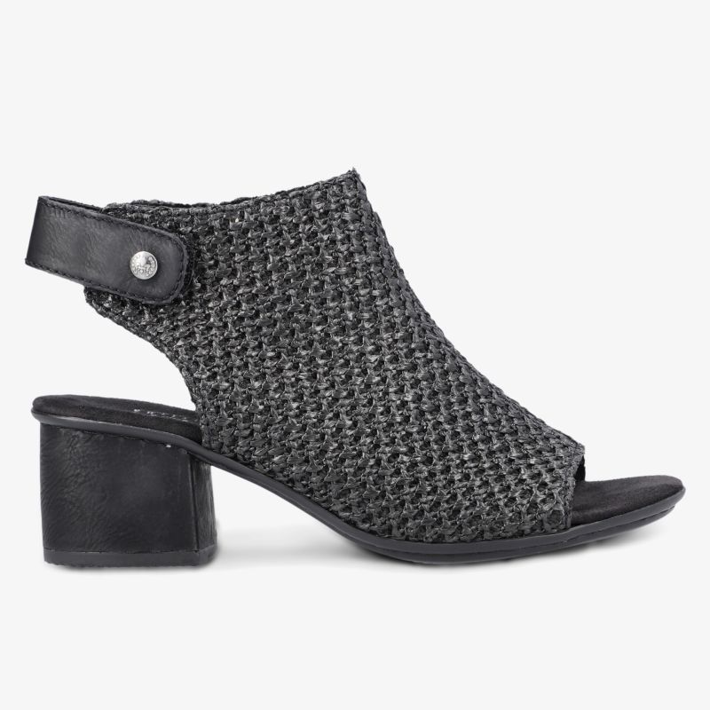 Schwarze Sandale mit mittelhohem Absatz und offenem Zehenbereich, geflochtenes Obermaterial und verstellbarem Riemen