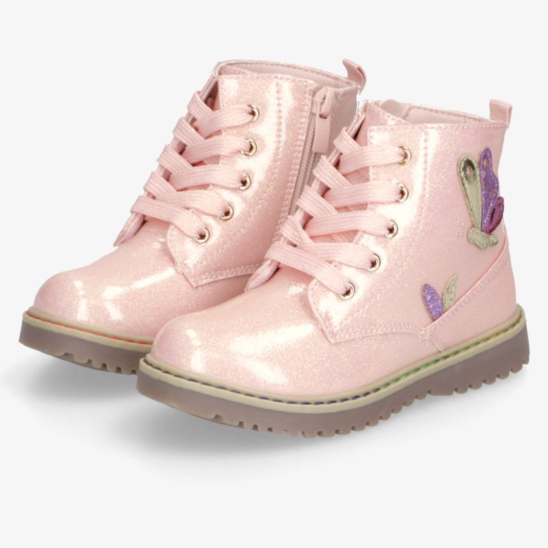 Rosa glänzende Kinderstiefel mit Schnürsenkel, praktischem Reißverschluss und dekorativem Schmetterlingsmotiv