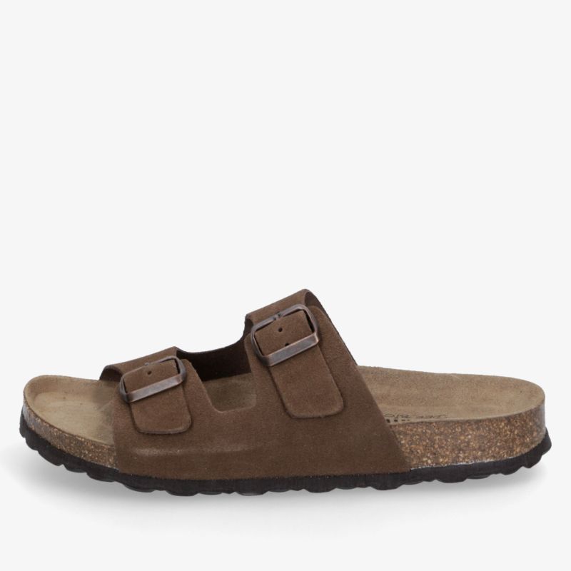 Braune komfortable Slide-Sandale mit verstellbaren Riemen und anatomischem Kork-Fußbett, rutschfeste Sohle