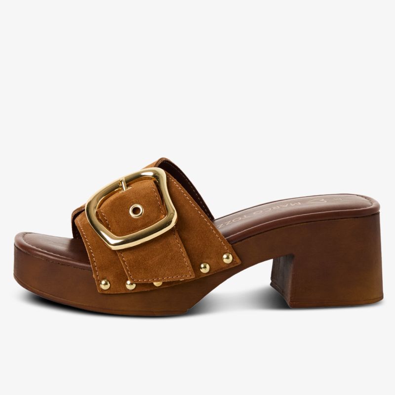 Braune Sandale mit Plateau und Blockabsatz, großer goldener Schnalle und komfortablem Design