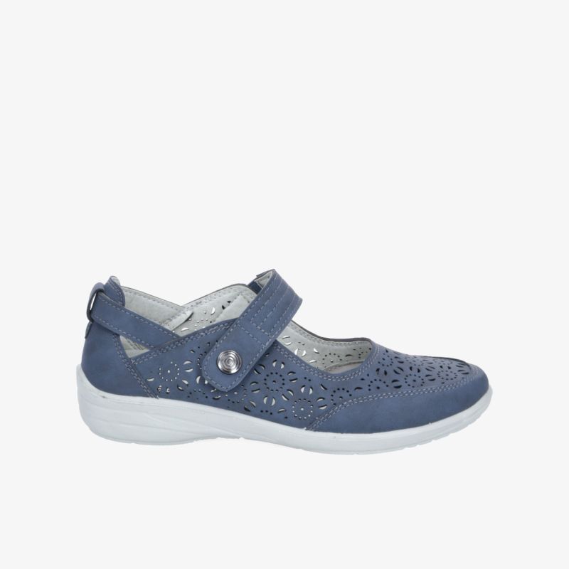 Leichter blauer Mary Jane Schuh mit verstellbarem Klettverschluss und atmungsaktivem, perforiertem Material