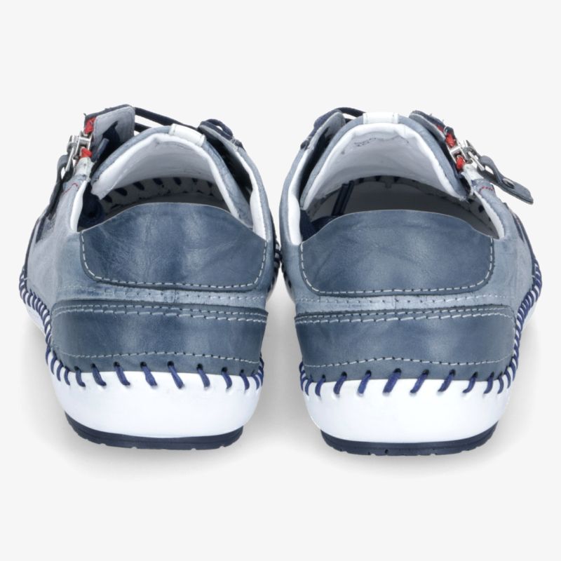 Robuste, komfortable blaue Schuhe mit sorgfältigen Nähten und rutschfester weißer Sohle, Rückansicht als Paar