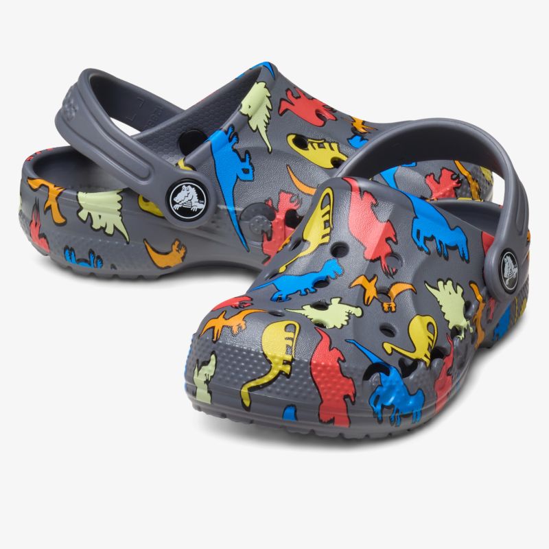 Graue Clogs mit buntem Dinosauriermuster für maximalen Komfort und Trittsicherheit.