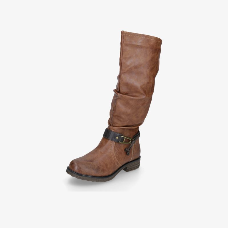 Brauner Biker Stiefel mit schmalem Schaft und dekorativem Riemen für hohen Tragekomfort und robusten Look