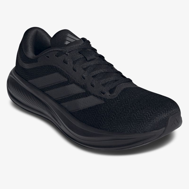 Schwarzer leichter Laufschuh mit stoßdämpfender Sohle und atmungsaktivem Obermaterial, vorne sichtbar