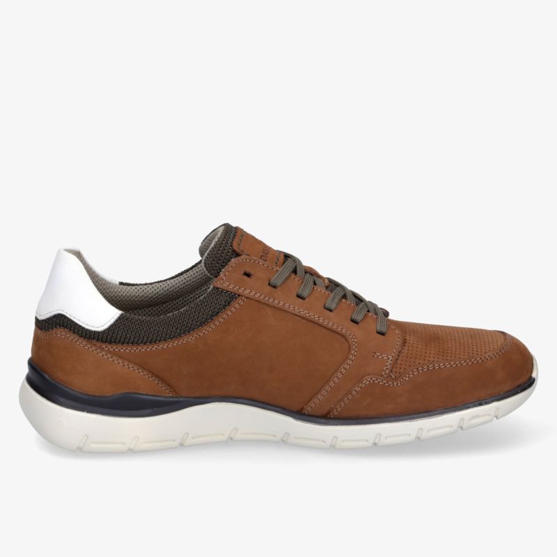 seitliche Ansicht eines braunen Sneakers mit weißem Fersenbereich und bequemer Sohle