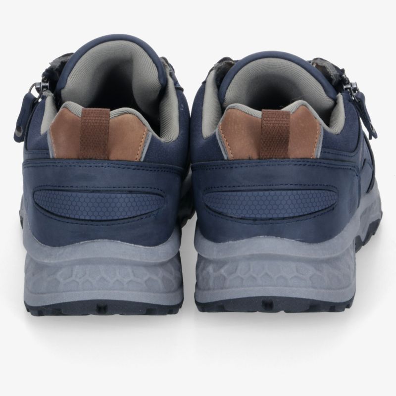 Robuste Sportschuhe in Blau-Grau mit gepolstertem Fersenbereich und stabiler, rutschfester Gummisohle Rückansicht