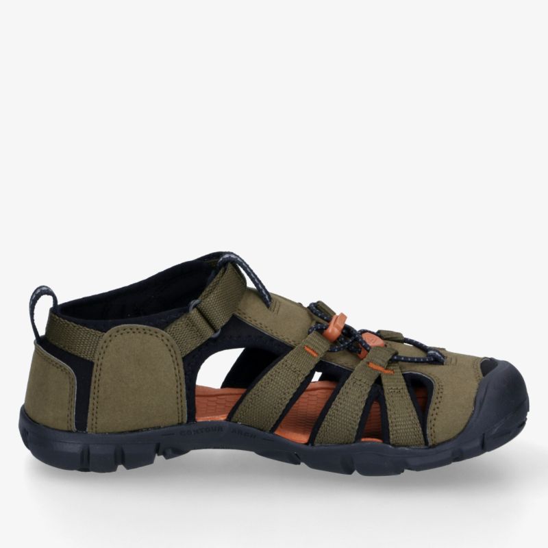 Robuster und leichter Outdoor-Sandal in Oliv mit verstellbarer Schnellschnürung und rutschfester, flexibler Sohle