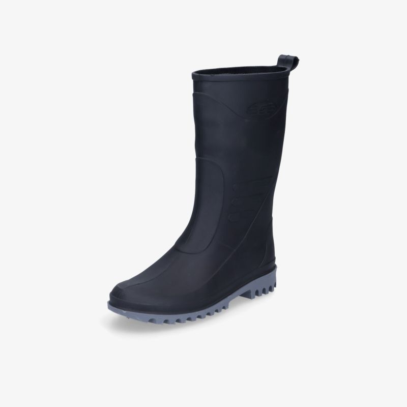 Schwarzer Gummistiefel, wasserdicht und robust, mit rutschfester Sohle und komfortablem Sitz für nasse Bedingungen