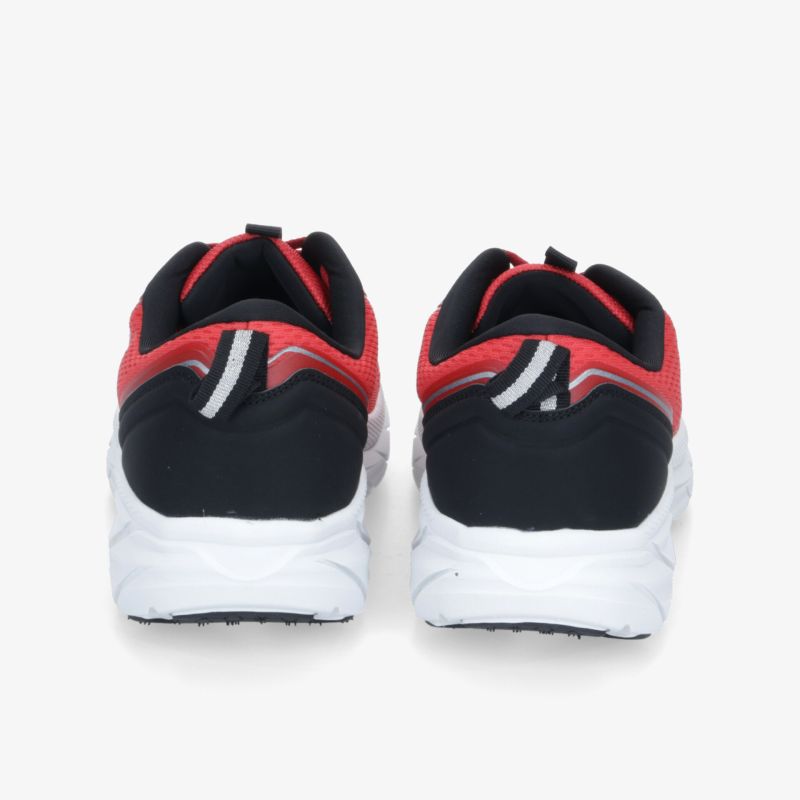 Robuste Sportschuhe mit gepolstertem Kragen und modischem schwarz-rot-weißem Design, Rückansicht