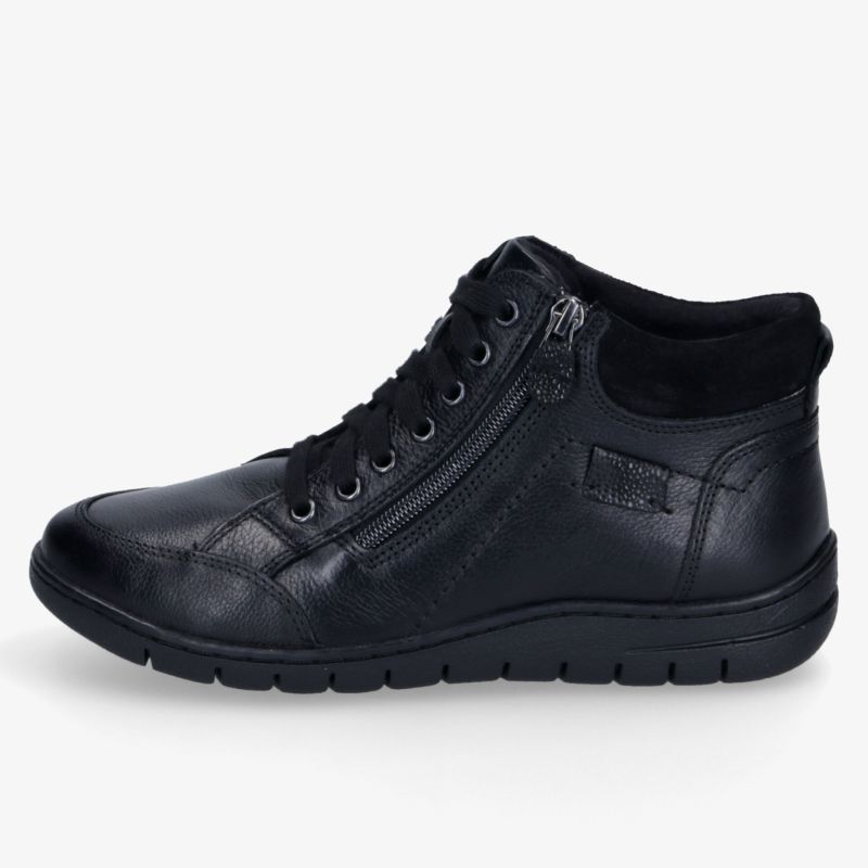 Moderner schwarzer Ledersneaker mit praktischem Reißverschluss und rutschfester flexibler Sohle seitlich