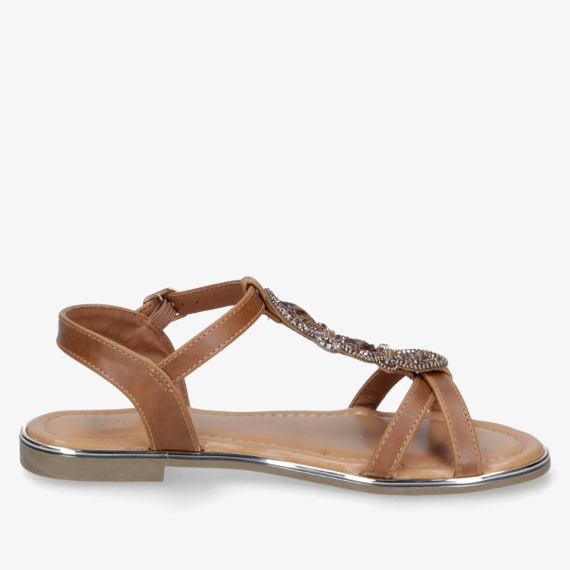 Elegante braune Sandalette mit flacher Sohle und funkelndem Strassbesatz, komfortables Riemchendesign