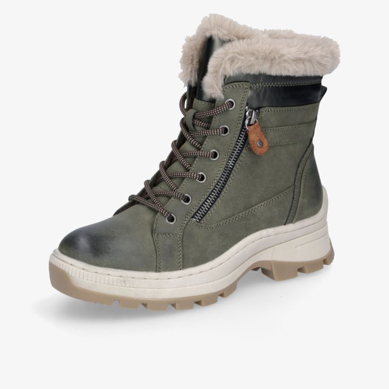 Robuster grüner Winterboot mit warmem Fellkragen, Schnürung und praktischem Reißverschluss für besten Komfort und Rutschfestigkeit