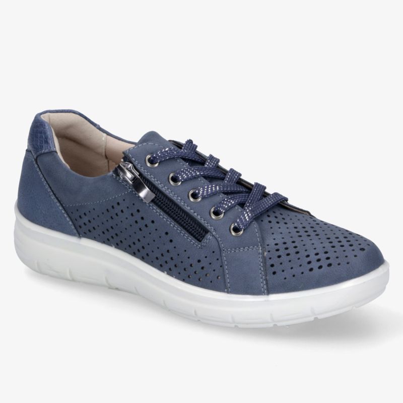 Modischer und bequemer blauer Sneaker mit Reißverschluss und perforiertem Obermaterial. Ideal für lässige Outfits.