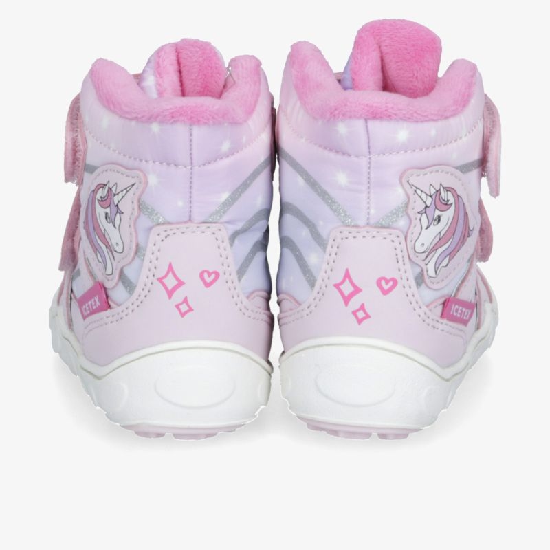 Rosa Kinderstiefel mit Pferdemotiv, warmer Innenfutter und praktischem Klettverschluss, langlebig und komfortabel