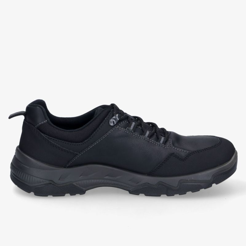 Sportlicher schwarzer Schuh seitliche Ansicht mit robuster Sohle und komfortabler Polsterung