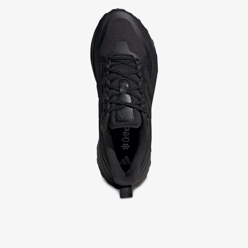 Schwarzer Sportschuh mit atmungsaktivem Obermaterial und bequemer Passform in Draufsicht