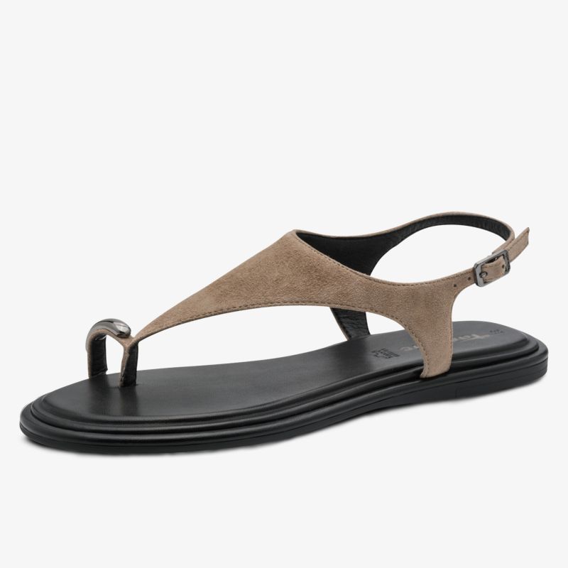 Flache Sandale mit Zehenring und verstellbarem Riemen, schwarzer Laufsohle und beigem Obermaterial