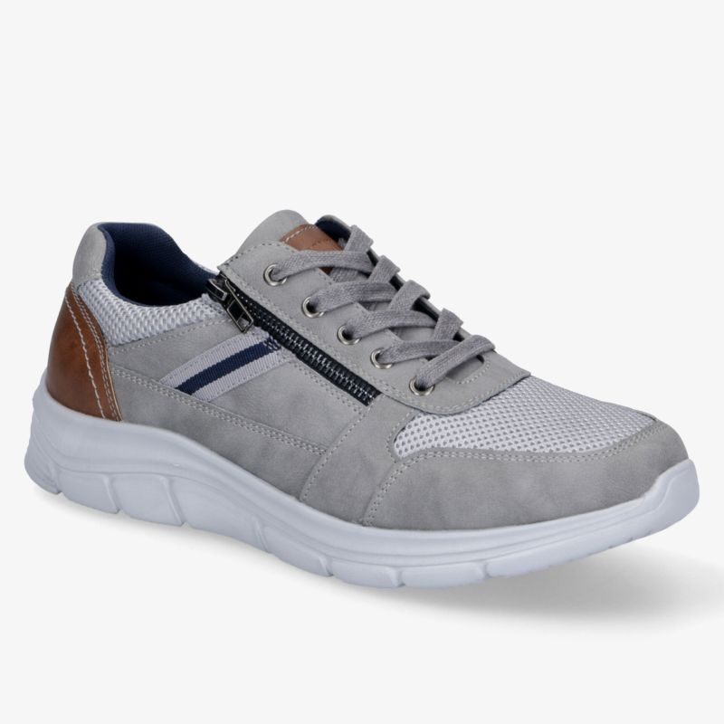 Moderner grauer Sneaker mit weißen und braunen Akzenten, Reißverschluss und rutschfester Sohle, ideal für Freizeit.
