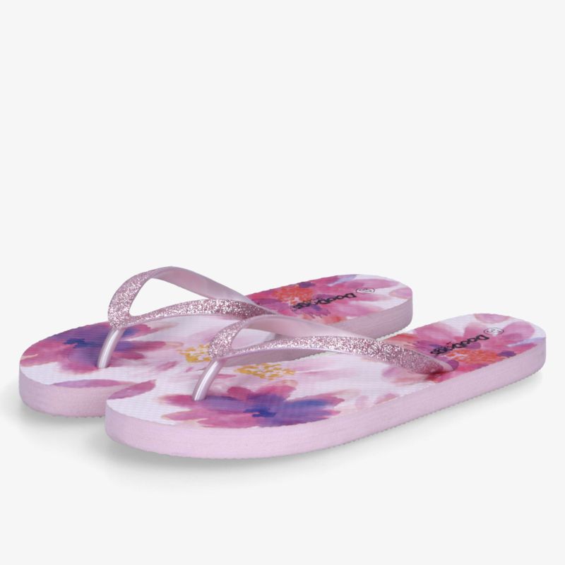 Pinkfarbene Flipflops mit floralem Muster, rutschfester Sohle und komfortablem Design für angenehme Sommerauftritte