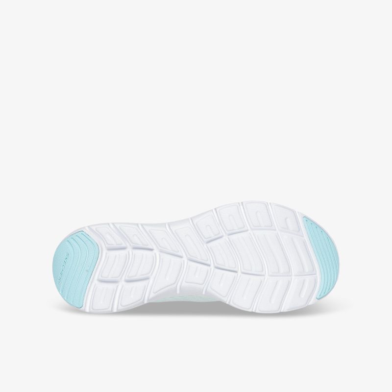Weiße Schuhsohle mit blauem Akzent, flexibles, rutschfestes Profil für optimalen Halt und Komfort