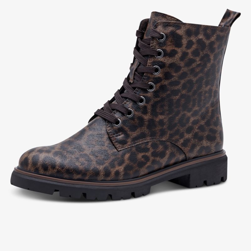 Robuster knöchelhoher Schnürstiefel mit modischem Leo-Print und profilierter Sohle für hohen Tragekomfort