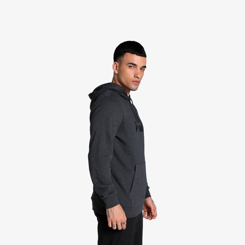 Moderner grauer Kapuzenpullover mit langem Arm, bequem und sportlich im seitlichen Profil