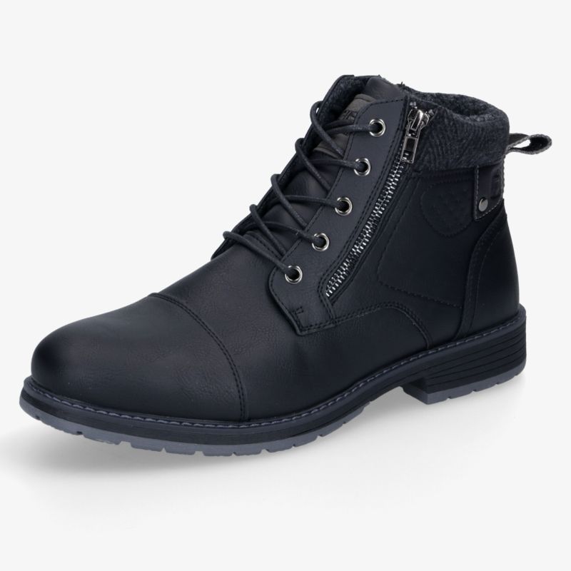 Schwarzer robuster Stiefel mit seitlichem Reißverschluss und Schnürung, bequeme und langlebige Außensohle