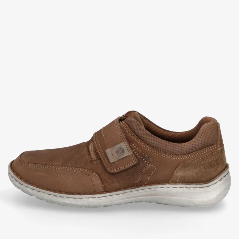 Brown comfortable shoe with elastic strap and flexible sole in clear side view, ideal for casual wear