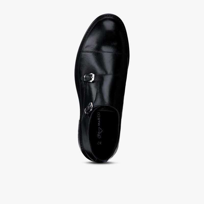 Eleganter schwarzer Schnallenschuh aus Glattleder mit klassischem Design und hochwertiger Verarbeitung.