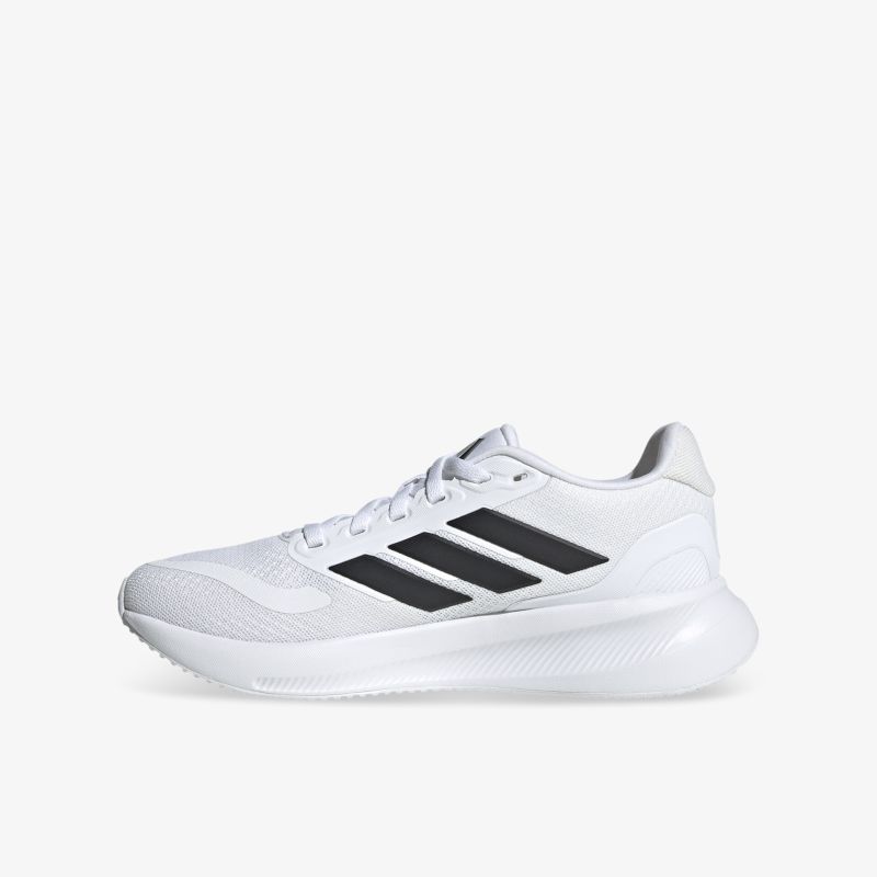 Leichter weißer Sportschuh mit schwarzem Streifendesign und komfortabler, flexibler Sohle in klarer Seitenansicht