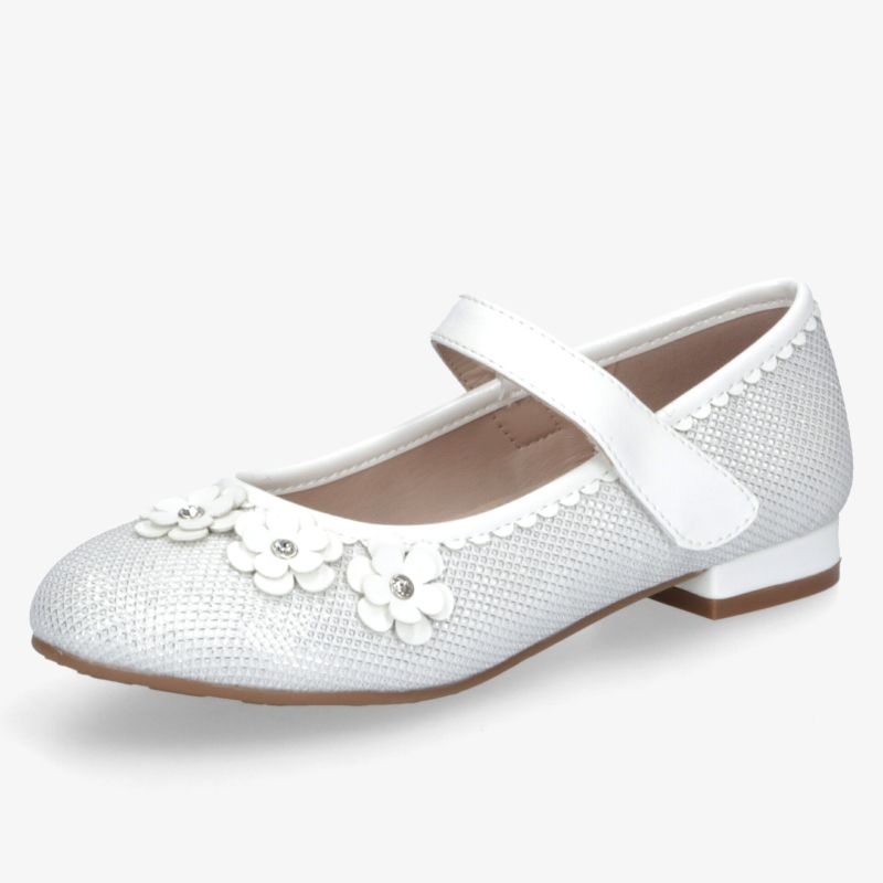 Eleganter weißer Schuh mit Blütendekor, bequemer Riemen und flachem Absatz für angenehmen Tragekomfort