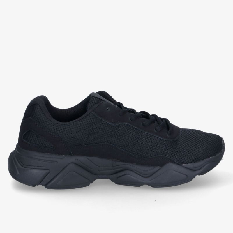 schwarzer Sneaker seitliche Ansicht, modern, leicht, atmungsaktiv und mit bequemer gepolsterter Sohle