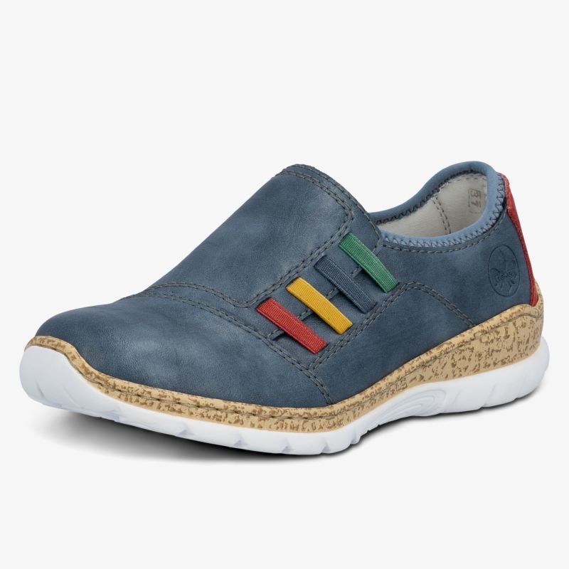 Bequemer Slipper in Blau mit bunten Zierstreifen und flexibler, rutschfester Sohle für Alltag