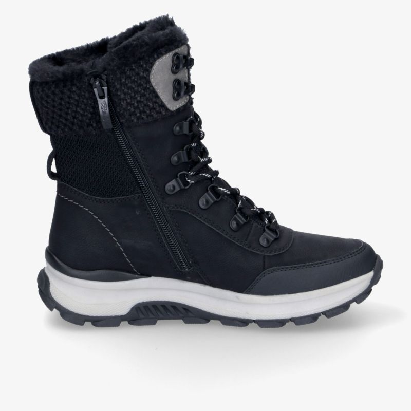 Schwarzer Winterstiefel mit hohem Schaft, warmer Innenfütterung, Reißverschluss, robuster Profilsohle und Schnürung