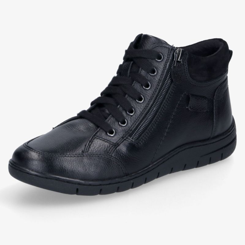 Schwarzer, komfortabler Schuh aus weichem Leder mit seitlichem Reißverschluss und rutschfester Sohle
