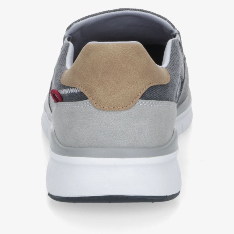Moderner, komfortabler Schuh mit gepolstertem Kragen und rutschfester Sohle in Graublau und Beige, Heckansicht