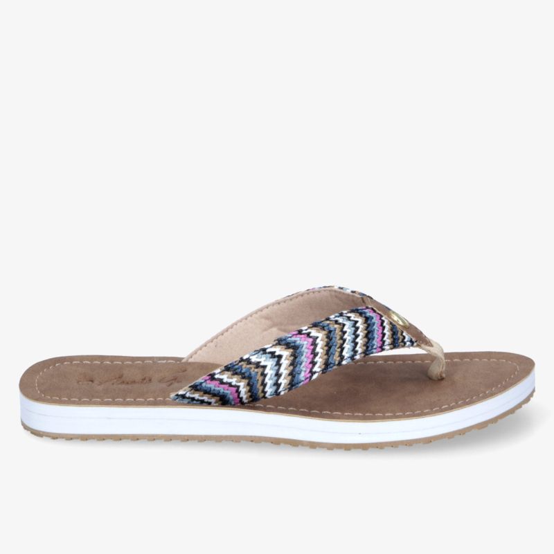 Seitliche Ansicht eines bunten Flipflops mit gepolsterter Innensohle und rutschfester Sohle für hohen Tragekomfort