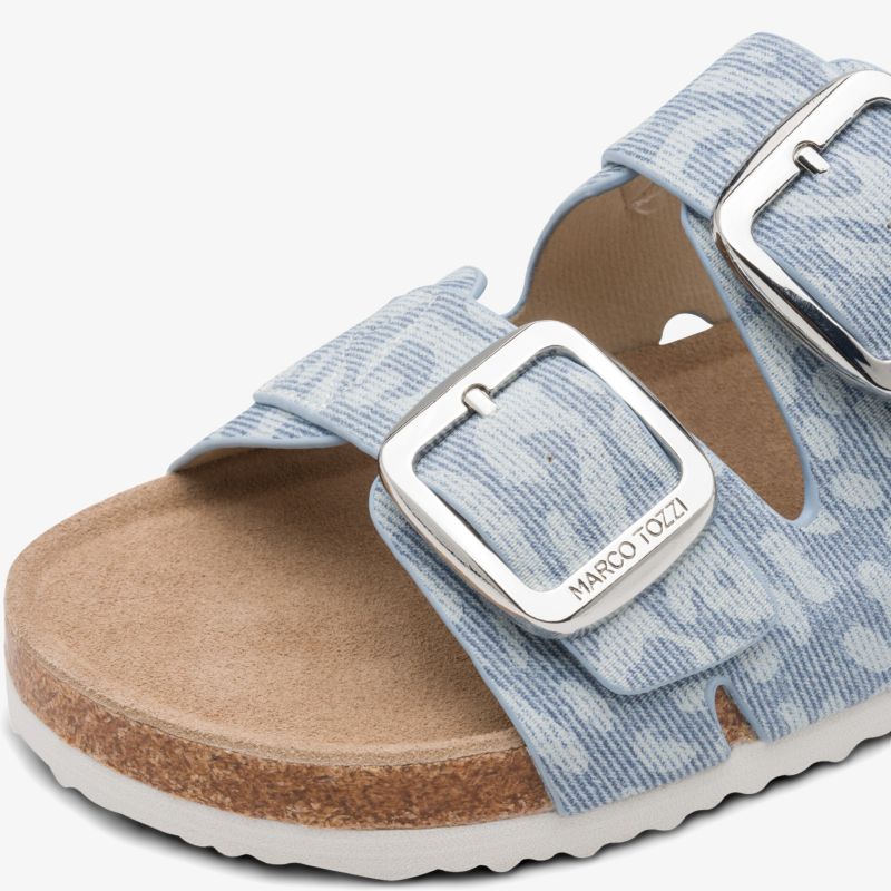 Bequeme Sandale mit verstellbaren Metall-Schnallen und weichem Fußbett, modisches blau-weißes Muster