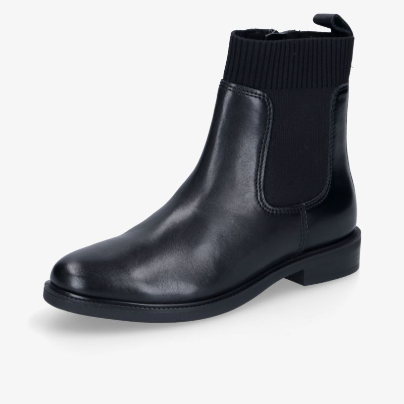 Eleganter schwarzer Lederschuh mit elastischem Bund, robustem Absatz und bequemem Design, seitliche Ansicht