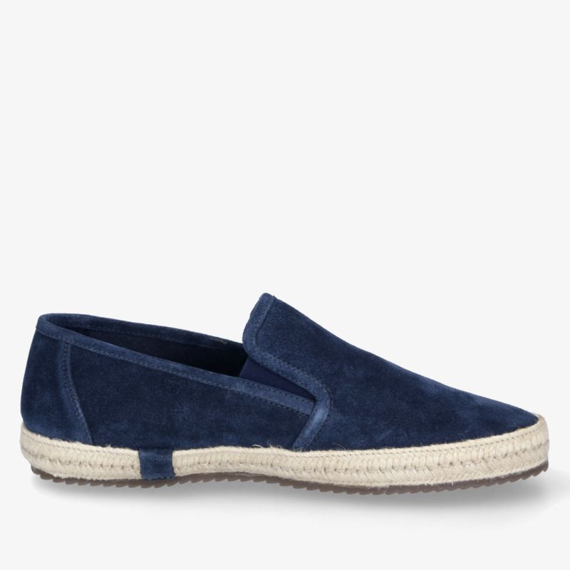 Dunkelblaue Espadrilles aus Veloursleder mit flacher, bequemer Sohle für sommerlichen, lässigen Look
