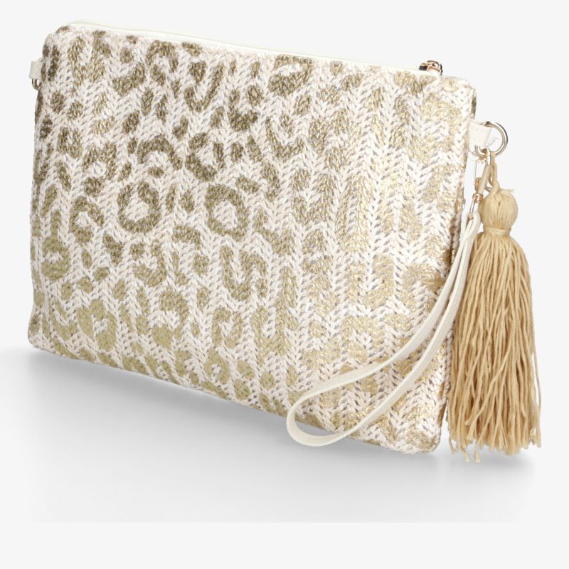Elegante beige Clutch Tasche mit auffälligem Leopardenmuster und dekorativer Quaste, modisches Accessoire