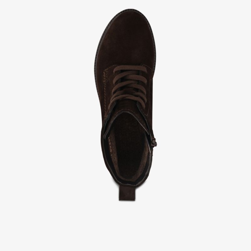 Eleganter brauner Schuh mit Schnürung, hochwertiges Material und klassische runde Spitze, Draufsicht