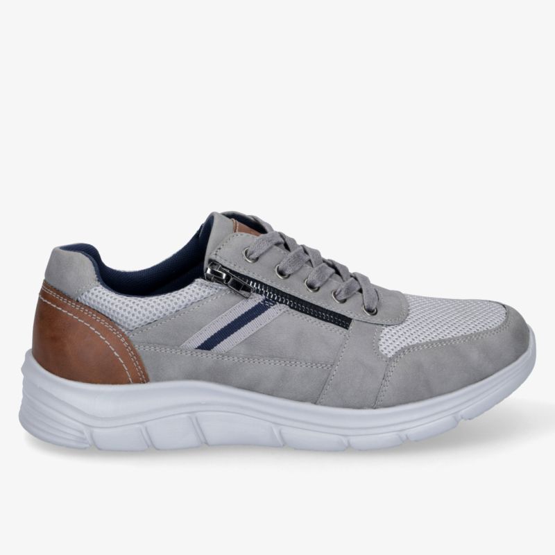 Grauer Sneaker mit braunen Details und rutschfester Sohle, ideal für Alltag und Freizeitaktivitäten.